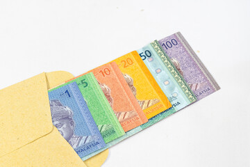 Malaysian Ringgits in a Wallet isolated on white background with copy space.