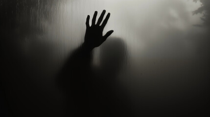 A black and white silhouette of a hand pressing against foggy glass, creating a mysterious and eerie atmosphere.