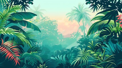 A lush green tropical jungle scene with palm trees, large leaves, and colorful flowers.