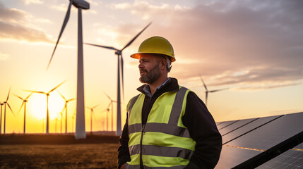 A male engineer in a high-visibility vest and yellow hard hat, standing among wind turbines and solar panels during sunset, highlighting renewable energy