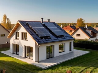 Close-up of a new suburban house with a photovoltaic system on the roof. Simple and modern environmentally friendly house with solar panels on the gable roof, with sunlight during the day