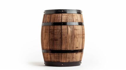 Obraz premium A single rustic wooden barrel with iron bands, isolated background, clear space for text, detailed wood grain and metal textures, commercial use ready