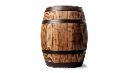 Obraz premium A single rustic wooden barrel with iron bands, isolated background, clear space for text, detailed wood grain and metal textures, commercial use ready