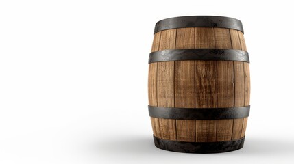 Obraz premium A single rustic wooden barrel with iron bands, isolated background, clear space for text, detailed wood grain and metal textures, commercial use ready