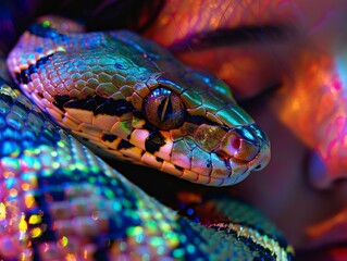 Fototapeta premium Enigmatic Connection: Woman Embodies Serpent in Ethereal, Chromatic Enchantment