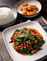  A sizzling plate of pad kra pao, a popular Thai dish featuring stir-fried minced pork with holy basil leaves and chili peppers.