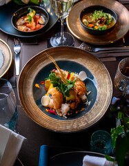  A beautifully presented dish of Khao Kluk Kapi, a traditional Thai dish made with fragrant rice, crispy pork belly, and fresh shrimp. The dish is served with a side of raw vegetables for a refreshing