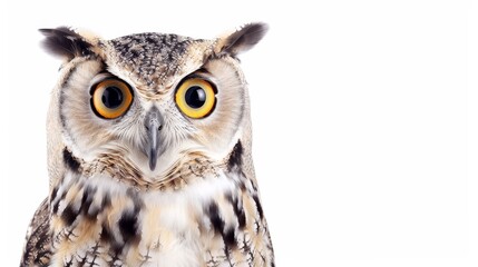 Obraz premium An owl with striking wide eyes, detailed feathers, and isolated on a white background, ample text space for commercial use