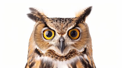 Obraz premium An owl with striking wide eyes, detailed feathers, and isolated on a white background, ample text space for commercial use