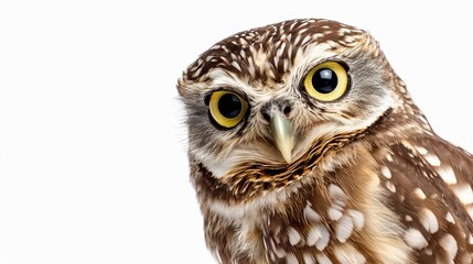 Fototapeta premium An owl with striking wide eyes, detailed feathers, and isolated on a white background, ample text space for commercial use