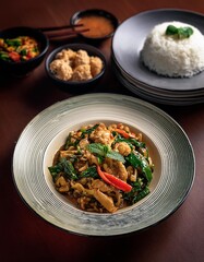 A sizzling plate of stir-fried meat with an assortment of fresh herbs and chili peppers. This classic Thai dish is packed with flavor and heat.