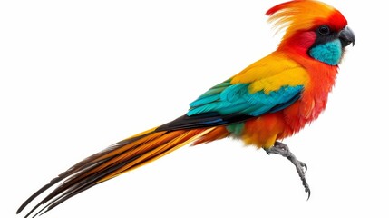 Fototapeta premium Brightly colored tropical bird with a long tail, isolated, simple background, right side text space