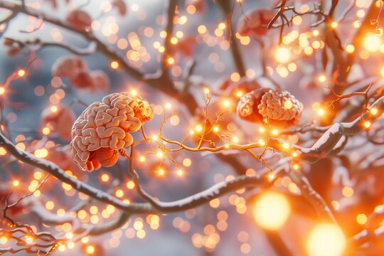 Glowing Brain on Tree Branch Representing Neural Connections in Nature