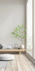 Minimalist living room interiors design with minimal elements and Japanese inspiration. Oriental Real Estate minimal composition.