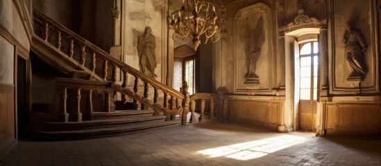 Obraz premium Sunlit Staircase in a Grand Hall