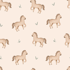 Seamless pattern with cartoon animal and grass. Hand drawn illustration of beige brown cute horse on isolated background. Minimalist scandinavian repeat pattern. Rural farm animals.