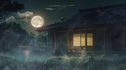 Misty fantasy night with a full moon illuminating a traditional Japanese house, creating a mystical and serene atmosphere
 Seamless looping 4k time-lapse virtual video animation Generated AI
