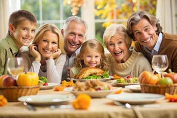 Traditional family Thanksgiving dinner with holiday decorations and homemade feast on the dining table, celebrating holiday traditions and unity