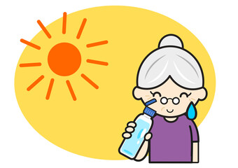 暑い中水分補給をするお婆さん