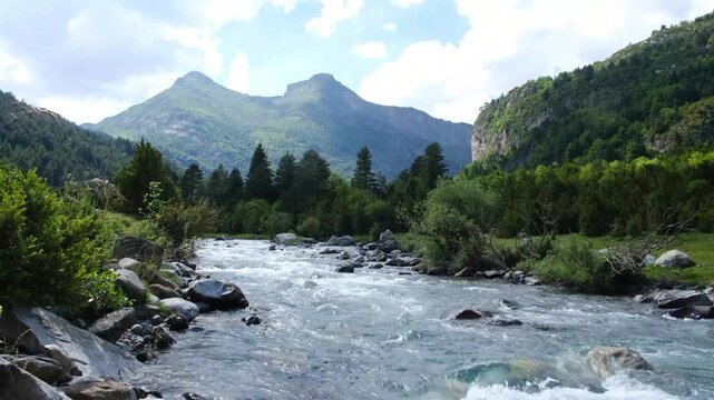 Bujaruelo valley with the Ara river as it passes through the Aragonese Pyrenees, Ordesa and Monte Perdido National Park, Pyrenees, Huesca, Spain.