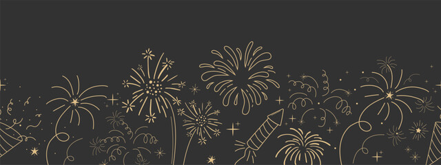 Fireworks festive explosion golden bursts, sparks in doodle style seamless pattern border. Holiday celebration decoration on dark background.