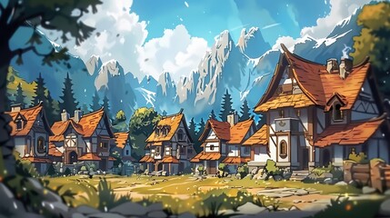 Obraz premium Charming Village Surrounded by Majestic Mountains on a Bright Sunny Day. Generative AI