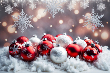 Festive Winter Wonderland Red and White Christmas Ornaments and Snowflakes Against a Sparkling Bokeh Background