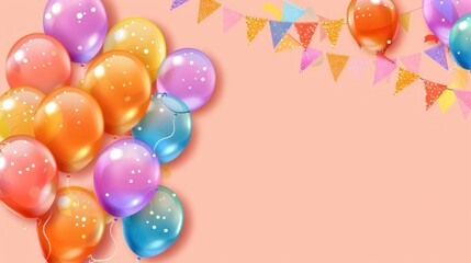 Colorful balloons and festive bunting on a peach background perfect for party celebration decorations and invitations.