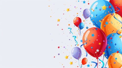 Colorful balloons and confetti on white background, perfect for celebration and party themes, including birthdays and anniversaries.