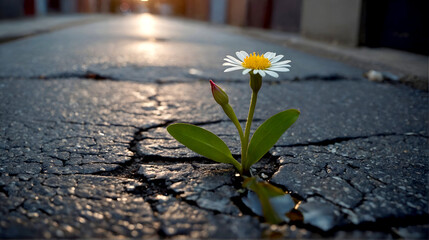 small flower grow on cracked street