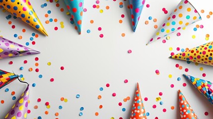 Fototapeta premium Colorful party hats and confetti arranged in a circle on a white background, perfect for celebration and festive occasions.