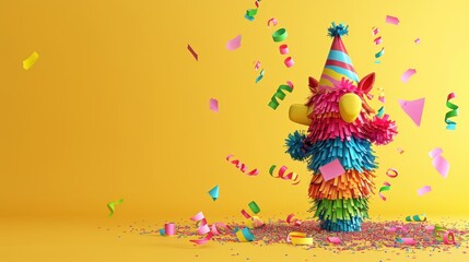 Colorful pinata with birthday hat on yellow background and confetti. Perfect for party celebration or festive event concepts.