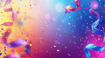 Vibrant festive background with colorful confetti and ribbons, perfect for celebrations, parties, and joyful events.