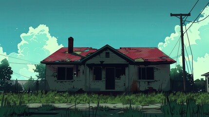 Abandoned House Surrounded by Overgrown Grass Under a Clear Blue Sky. Generative AI