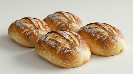
An assortment of four freshly baked loaves of bread with different designs on the crust on a white background.