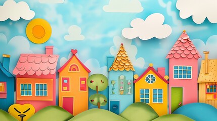 Fototapeta premium A paper craft scene of a town with houses, a sun, and clouds.