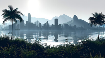 Obraz premium City skyline with palm trees and water in the foreground.