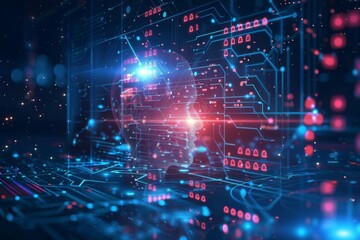 Obraz premium Digital Circuit Board with Glowing Red and Blue Nodes Representing Modern Technology