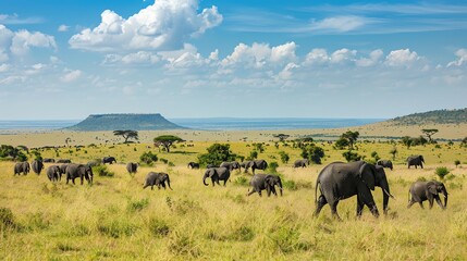 Obraz premium A herd of elephants walking through a savanna landscape.