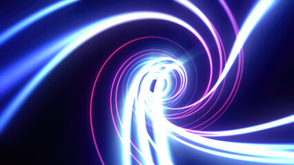 Abstract bright blue background tunnel with flying lines of energy particles and light rays