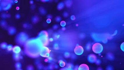 Abstract purple glowing background with flying balls circles atoms molecules particles energy bubbles