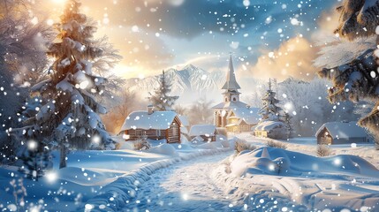 Naklejka premium A snowy winter scene with houses and trees, with a church steeple rising above the village.