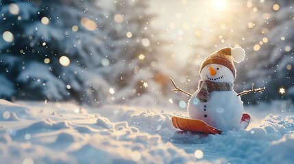A snowman with a red hat and scarf sits on a sled in the snow.