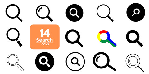 Magnifying glass icon set. Search icons. Loupe. Vector isolated illustration.