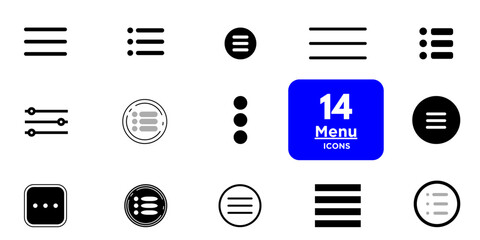 Hamburger menu icons set for web and mobile apps. Includes vector buttons for website UI navigation, featuring hamburger or burger line menu icons for home, drop-down lists, and application drawers.