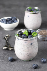 Chia pudding with blueberry and mint in glass jars