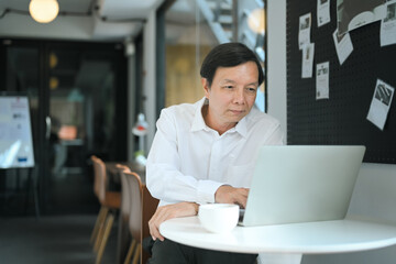 Fototapeta premium Smiling middle aged businessman using laptop at co working space