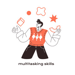 Multitasking skills concept. Employee works with many multi tasks. Experience office worker with time management ability. Busy person juggles. Flat isolated outline vector illustration on white