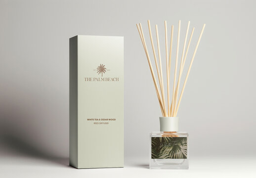Product Packaging Reed Diffuser Label And Box Mockup With Generative AI