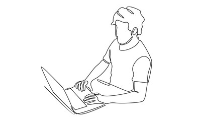 continuous line art of man with laptop computer